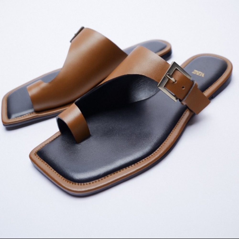Zara Brown Leather Square open Toe sandals - Picture 5 of 8